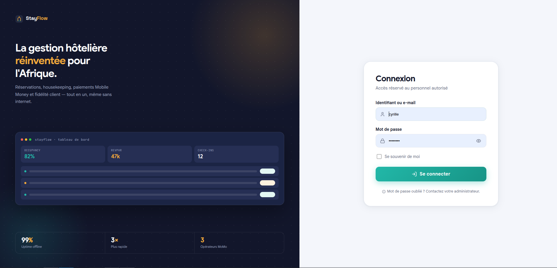 Page de connexion StayFlow — identifiant et mot de passe