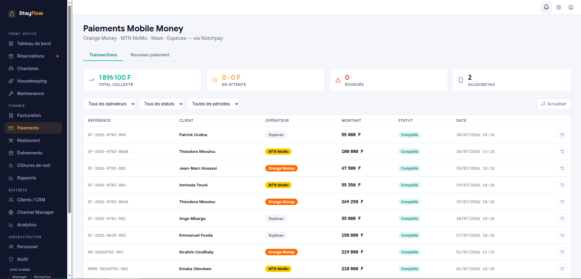 Historique des paiements Mobile Money — Orange Money, MTN MoMo, Wave, Espèces